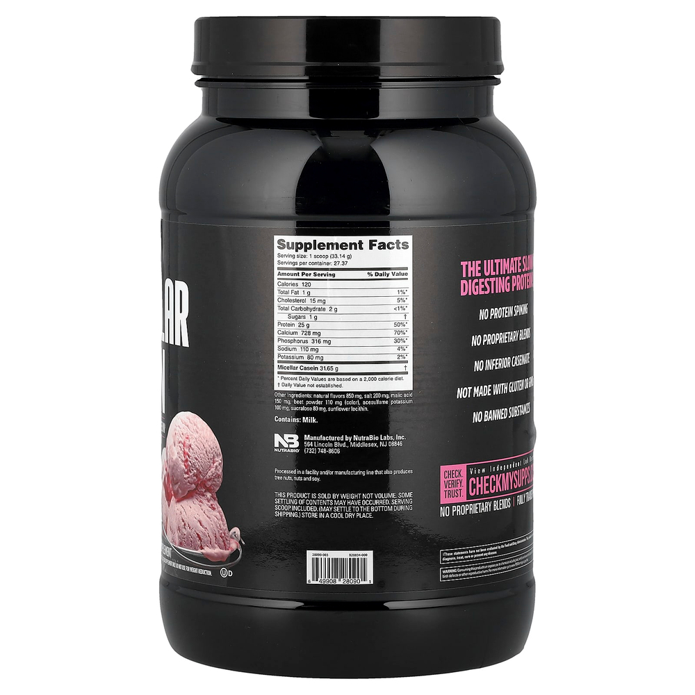 NutraBio, Мицеллярный казеин, клубничное мороженое, 907 г (2 фунта)
