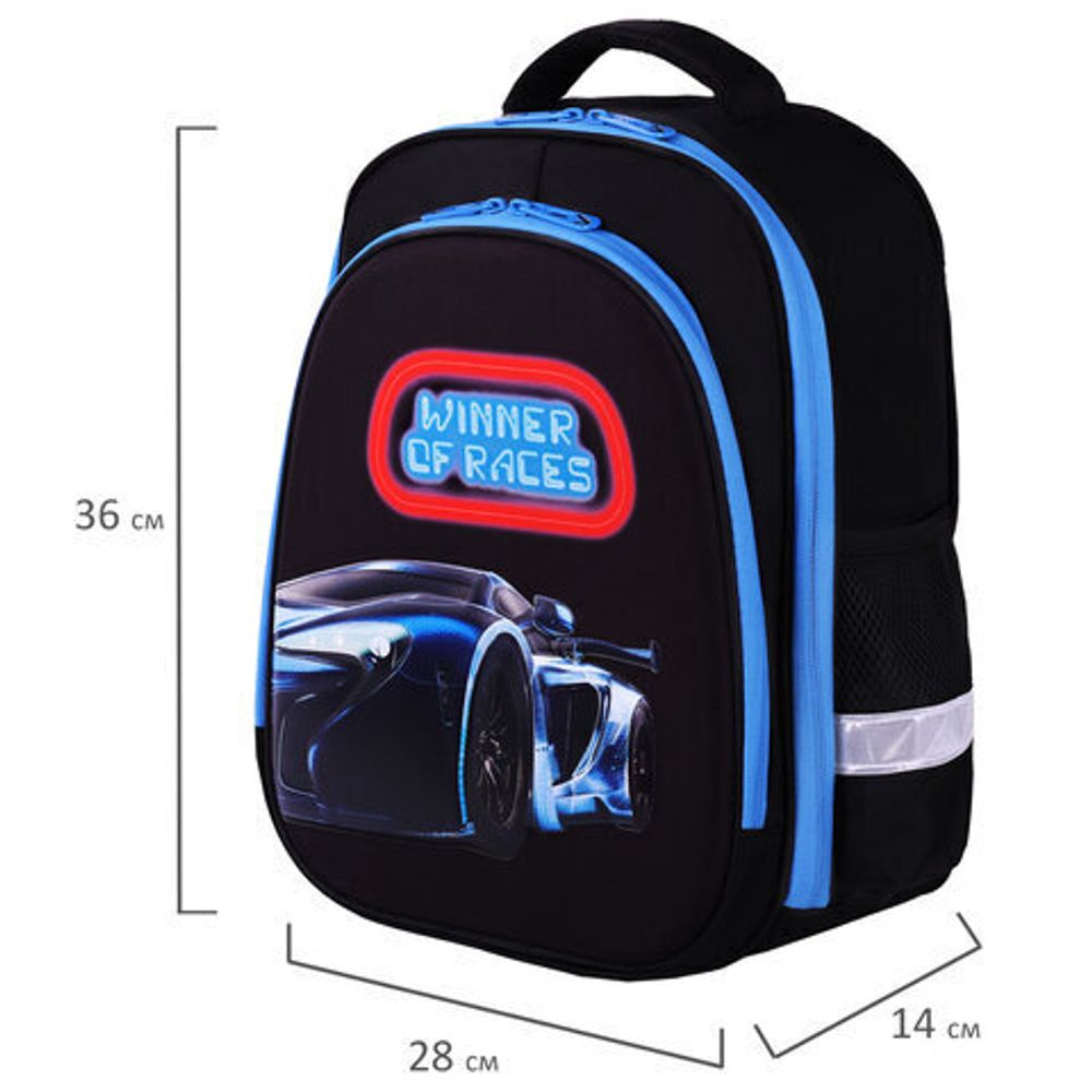 Ранец BRAUBERG KIDS STANDARD, 2 отделения, "Winner of races", 3D-панель, 36х28х14 см, 271385