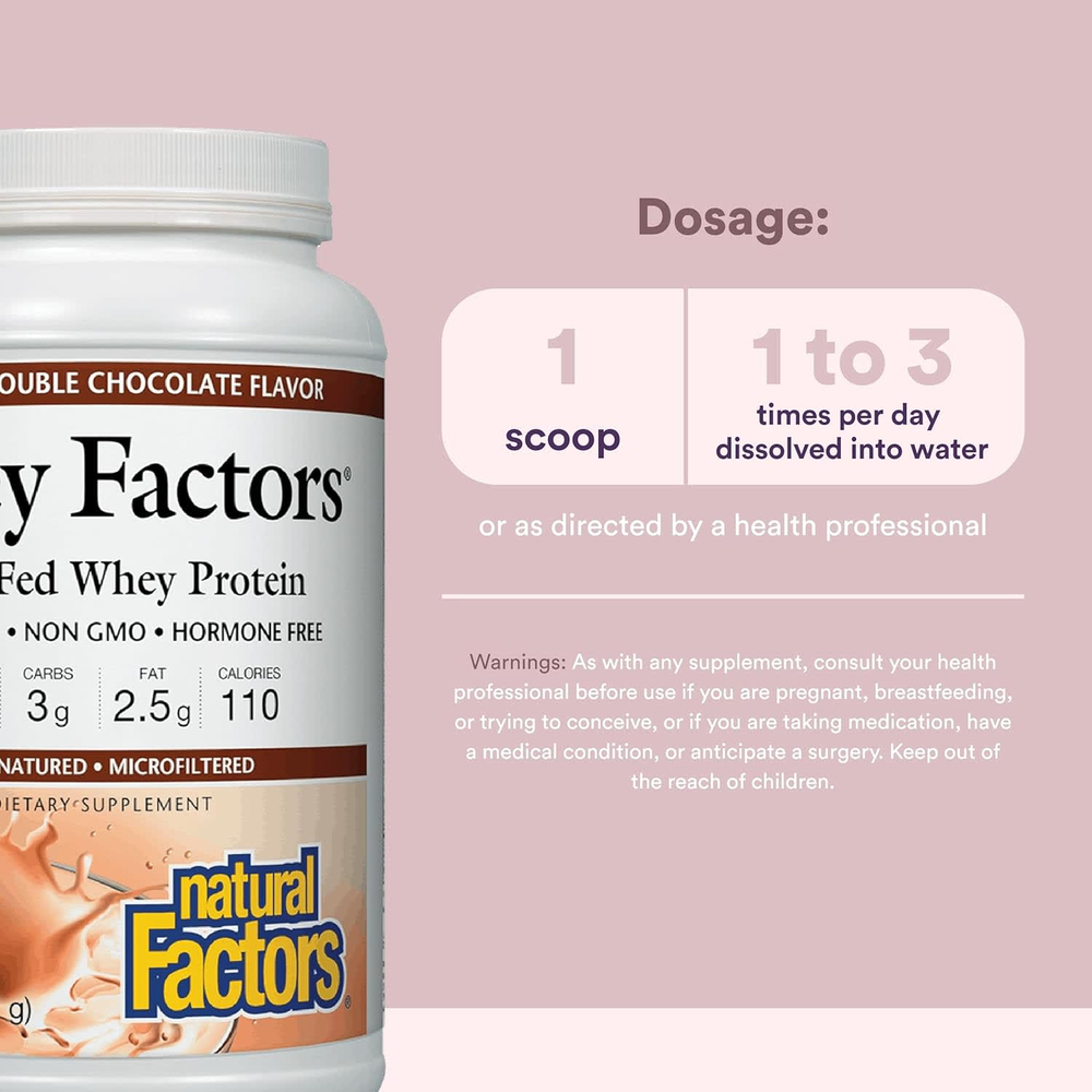 Natural Factors, Whey Factors, сывороточный белок молока коров травяного откорма, с натуральным вкусом «двойной шоколад», 907 г (2 фунта)