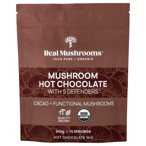 Real Mushrooms, горячий шоколад с грибами и 5 Defenders®, 240 г