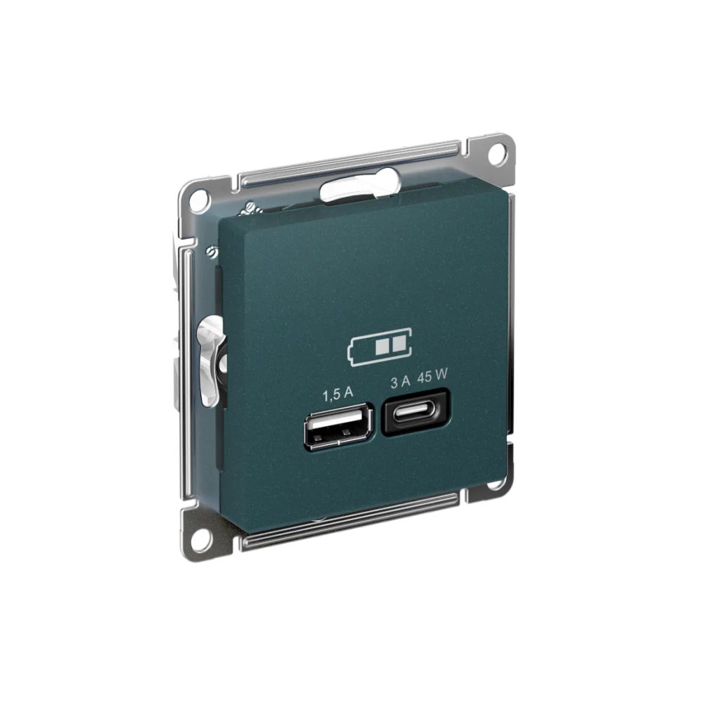ATLASDESIGN USB РОЗЕТКА A + тип-C 45Вт высокоскор.заряд. QC, PD, механизм, ИЗУМРУД