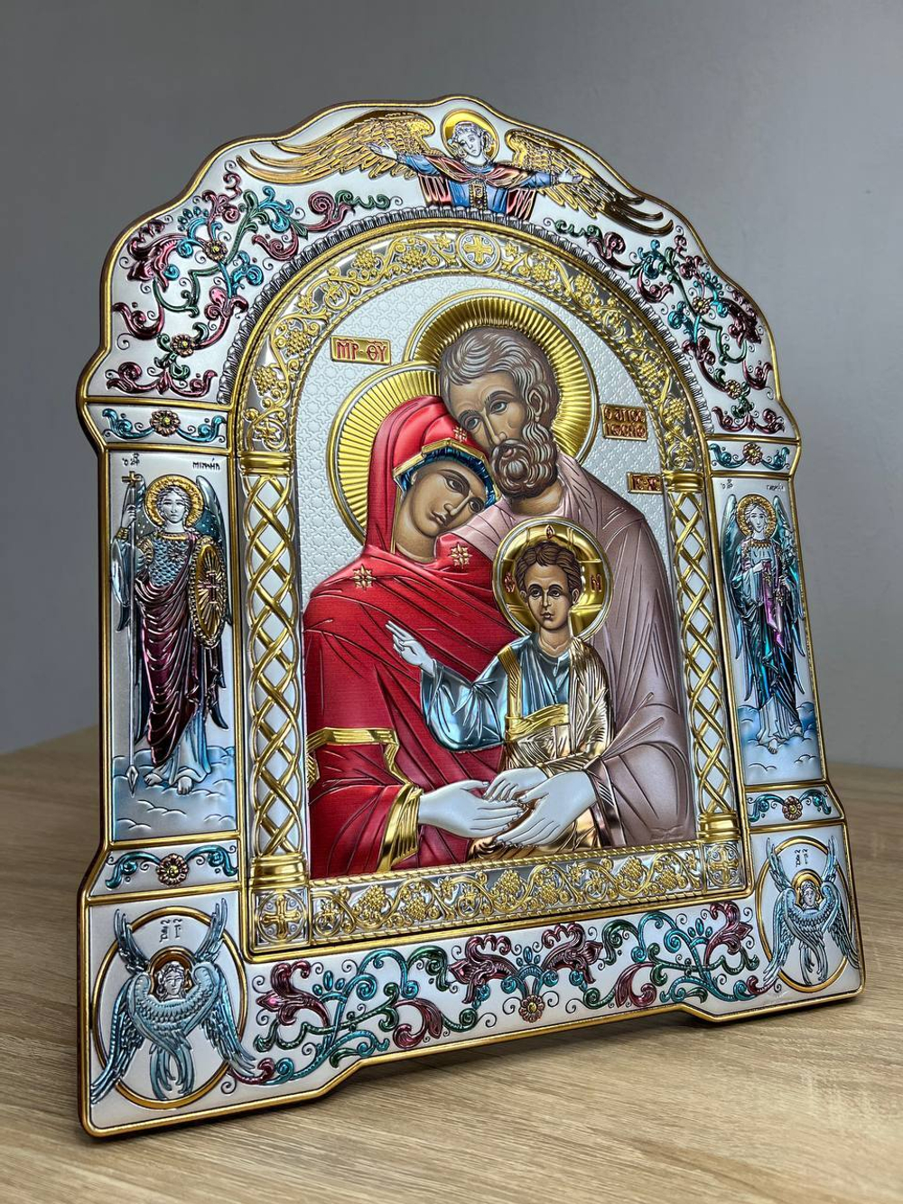 Св. Семейство, икона арочная с рамкой, красное дерево, эмаль 167х228