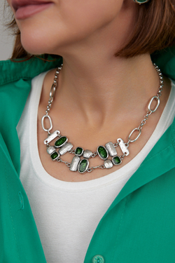 HMG MT Enamel Silver Колье chain mix арт.1490, с зеленой эмалью