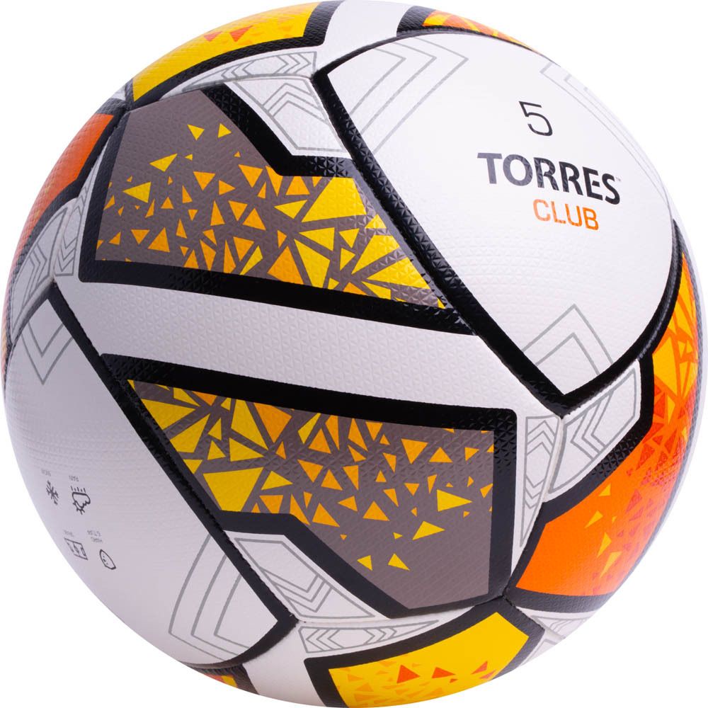 Мяч футб. TORRES Club, F323965, р.5, 10 пан., ПУ, гибрид. сшив, бел-оранж-желт