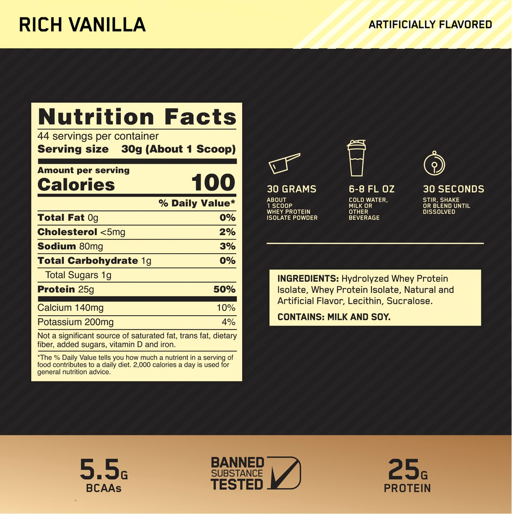 Optimum Nutrition, Gold Standard, 100% изолят, со вкусом ванили, 1,32 кг (2,91 фунта)