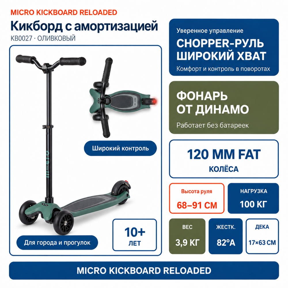 Самокат Micro Kickboard Reloaded, оливковый