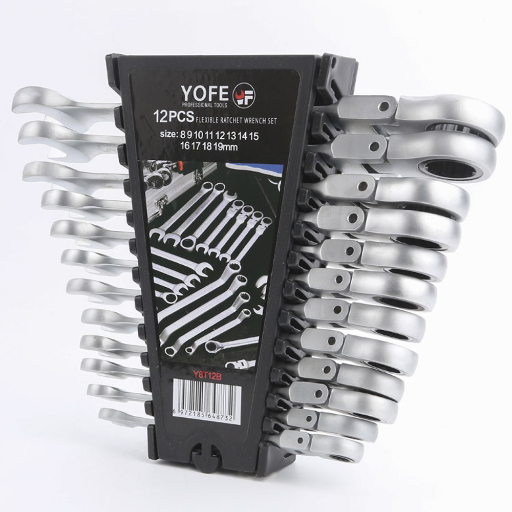 YOFE Y8T12B Набор трещоточных ключей с шарниром, 12 предм. (8 - 19 мм), комбинированные, холдер