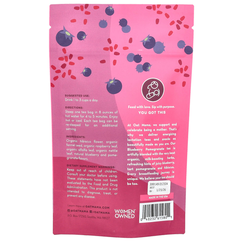 Oat Mama, Lactation Tea, голубика и гранат, без кофеина, 14 чайных пакетиков, 32 г