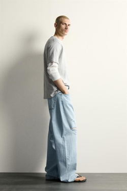 ZARA ДЖИНСЫ BARREL FIT С РАЗРЕЗАМИ, ГОЛУБОЙ