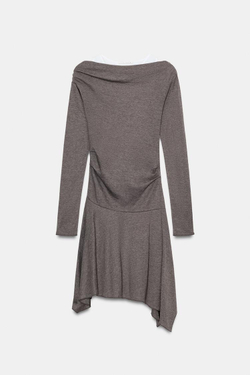 ZARA КОРОТКОЕ ПЛАТЬЕ АСИММЕТРИЧНОГО КРОЯ, КОРИЧНЕВЫЙ МЕЛАНЖ
