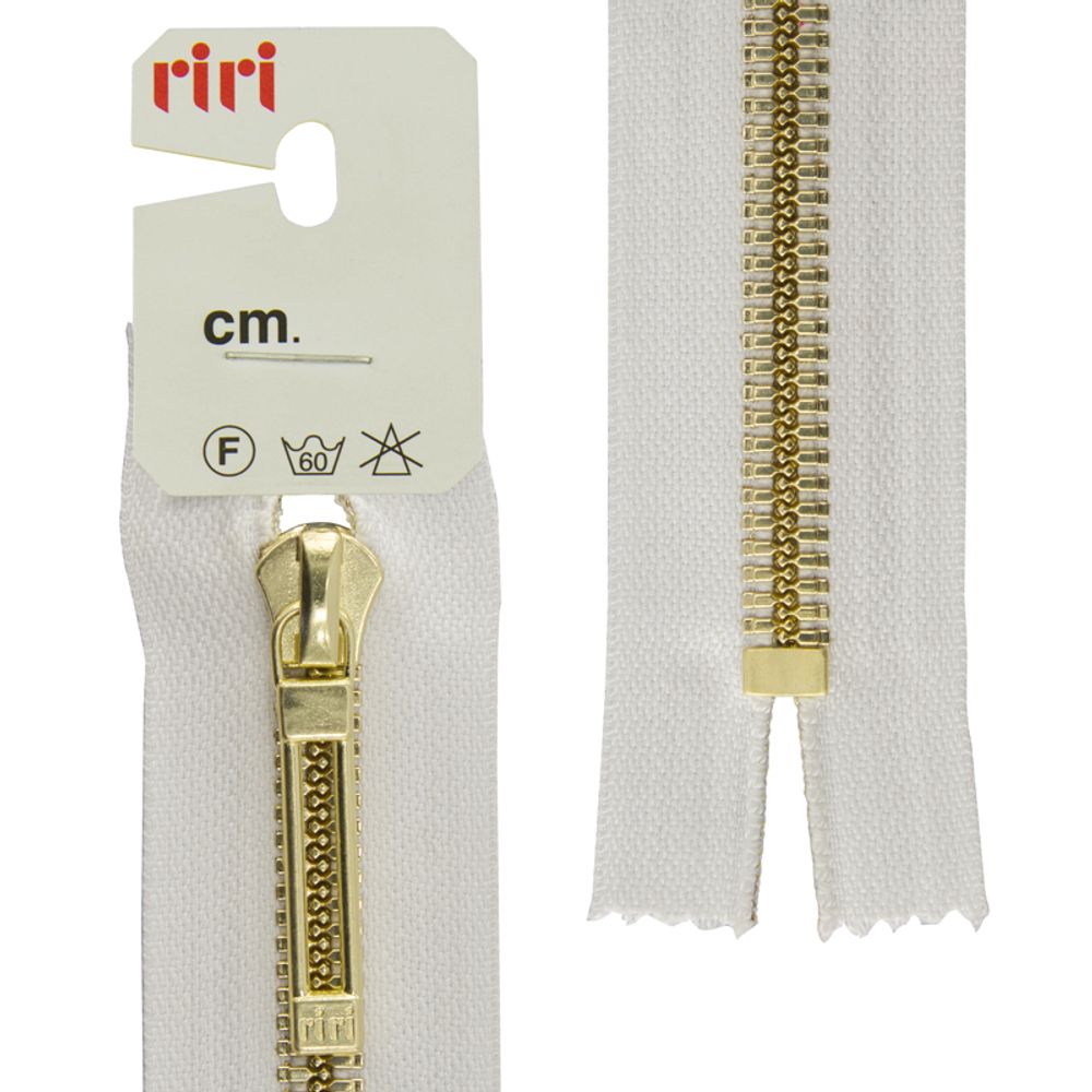 Молния металл RIRI Т6 (6 мм) 1 зам., н/раз., 16 см, Gold, слайд.Stab, цв.2101, белый, 1 шт Молния металл RIRI Т6 (6 мм) 1 зам., н/раз., 16 см, Gold, слайд.Stab, цв.2101, белый, 1 шт
