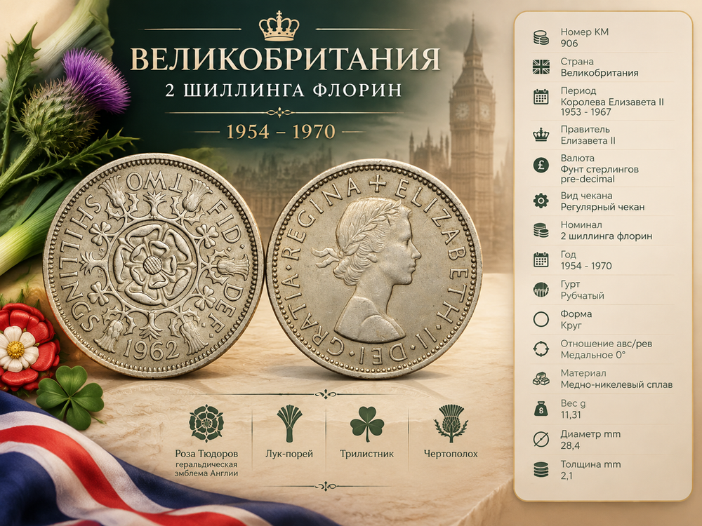 Великобритания 2 шиллинга, 1962 Елизавета II XF