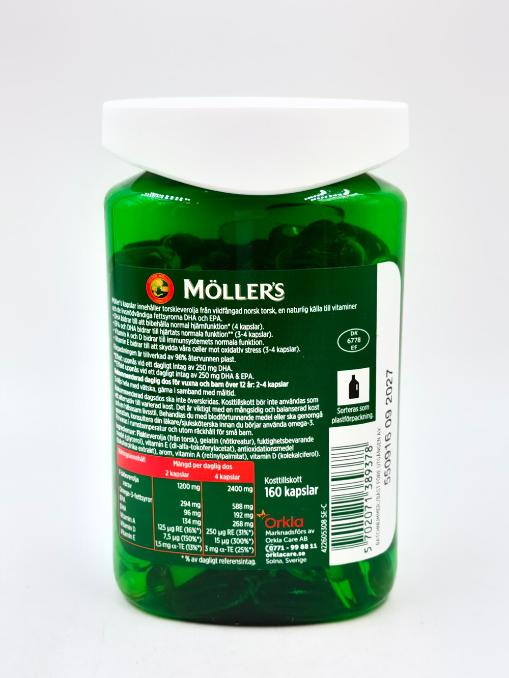 Moller Tran Omega-3 DHA и EPA, витамины D +A+E. 160 капсул (Норвегия)