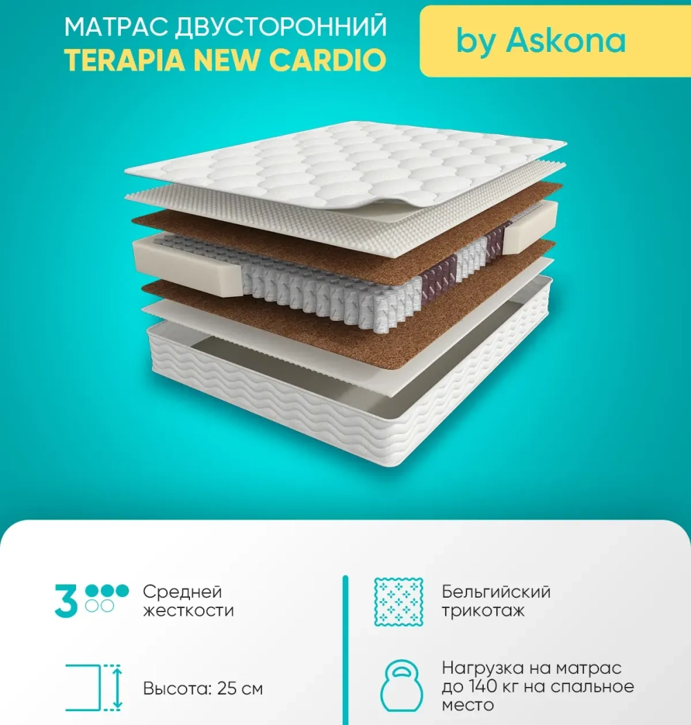 Матрас Askona Terapia New Cardio 90x200х25, средний/средний