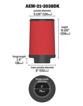 Фильтр нулевого сопротивления AEM Dry Flow 76мм, длина 206мм (21-2038DK)