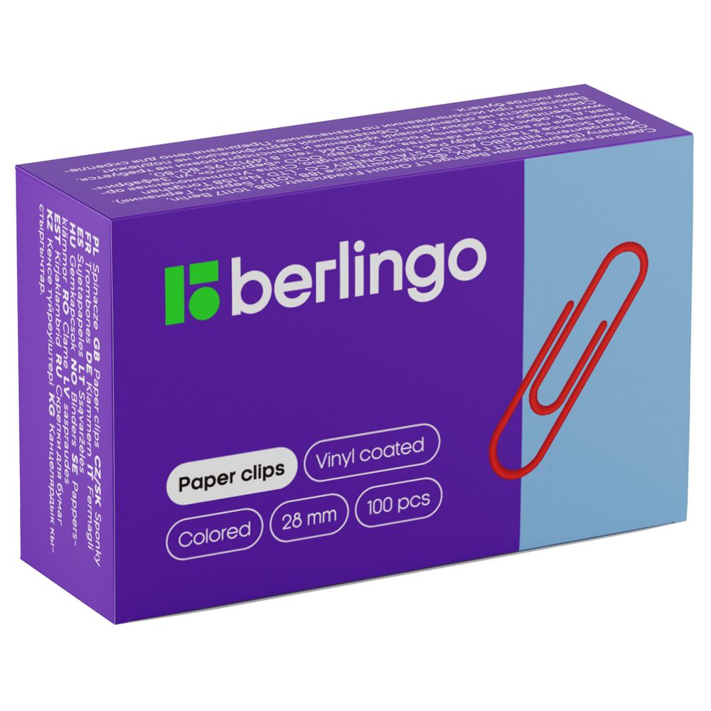Скрепки канцелярские 28мм, 100шт, цветные, Berlingo, картон. упак.