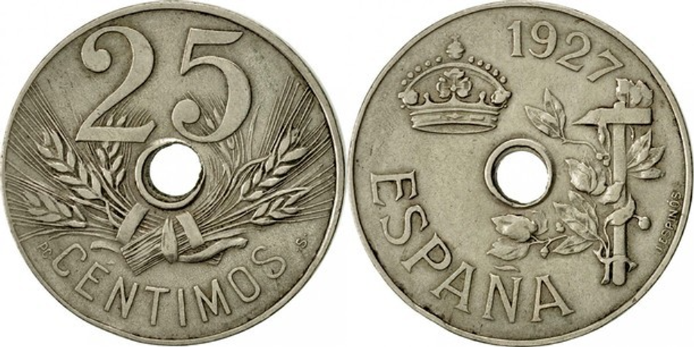 Испания 25 сентимо, 1927 Король Альфонсо XIII VF
