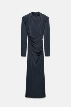 ZARA ПЛАТЬЕ МИДИ СО СБОРКАМИ И ПОДПЛЕЧНИКАМИ, СЕРЫЙ