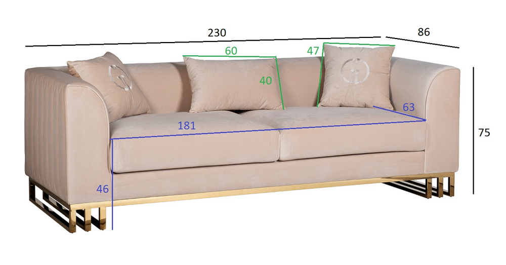 Диван Garda Decor Люцерн (Lucerne) трехместный велюр бежевый 230*86*75 см