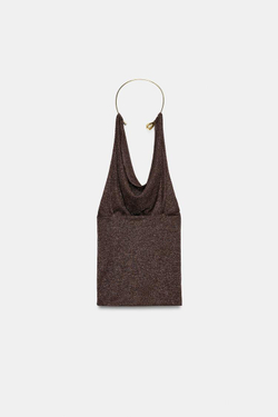 ZARA ТОП С МЕТАЛЛИЧЕСКИМ ЧОКЕРОМ, КОРИЧНЕВЫЙ