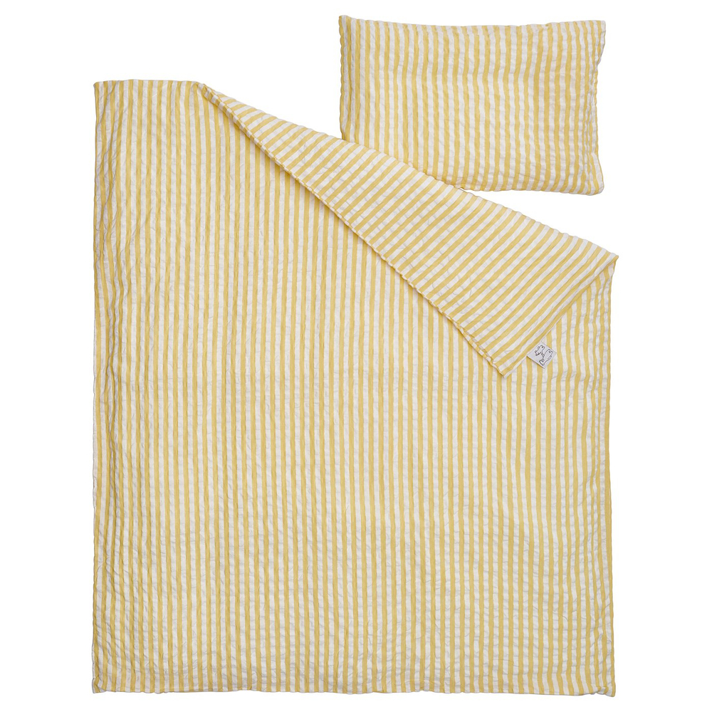IKEA LEN  (ИКЕА ЛЕН)  -  Пододеяльник и наволочка для кроватки - белый/жёлтый, полоска «кора» 110x125/35x55 см