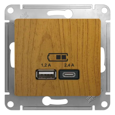 GLOSSA USB РОЗЕТКА А+С, 5В/2,4А, 2х5В/1,2А, механизм, ДУБ