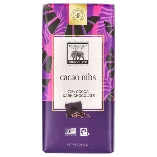 Endangered Species Chocolate, Ядра какао + темный шоколад, 72% какао, 85 г (3 унции)