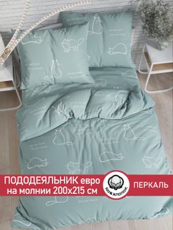 Пододеяльник перкаль Сказка "Котики (мята)" евро на молнии 200x215 см