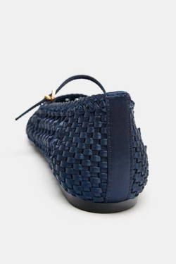 ZARA ПЛЕТЕНЫЕ БАЛЕТКИ С ПРЯЖКОЙ, СИНИЙ