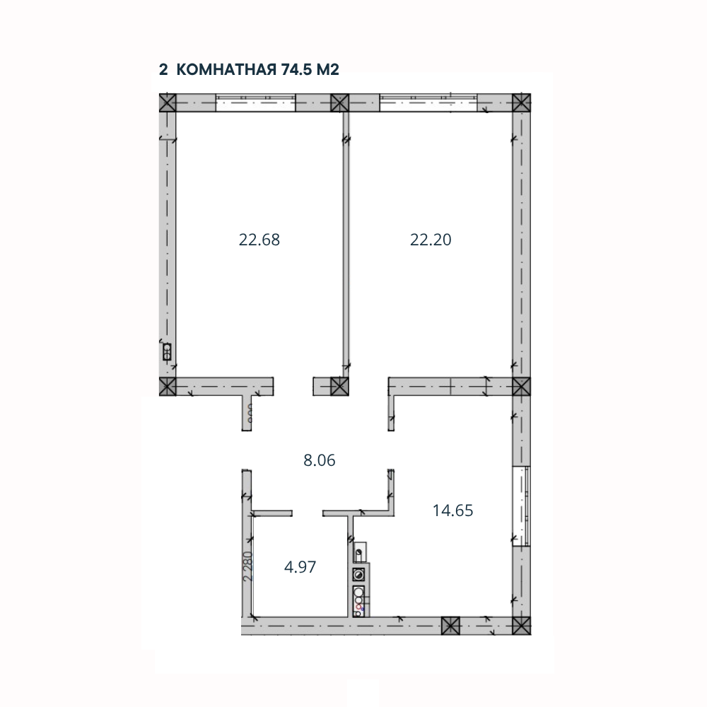 2-комн. квартира, 74,5 м²; 2,3 этажи 2-комн. квартира, 74,5 м²; 2,3 этажи
