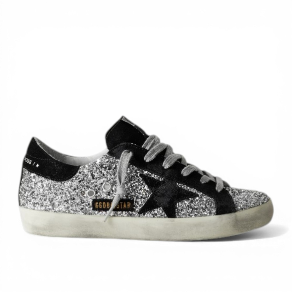 Кеды Golden Goose Superstar distressed glittered leather and suede sneakers