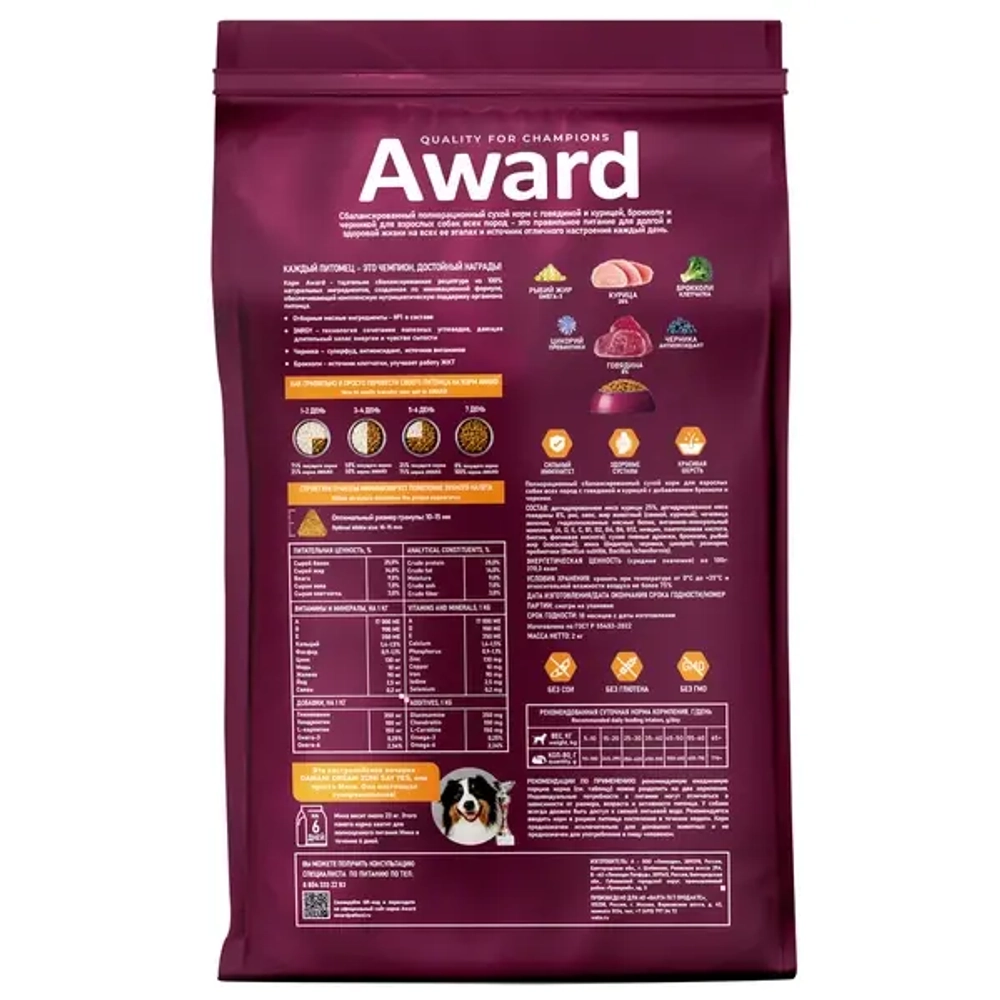 Сухой корм AWARD для собак с говядиной и курицей с добавлением брокколи и черники 2кг