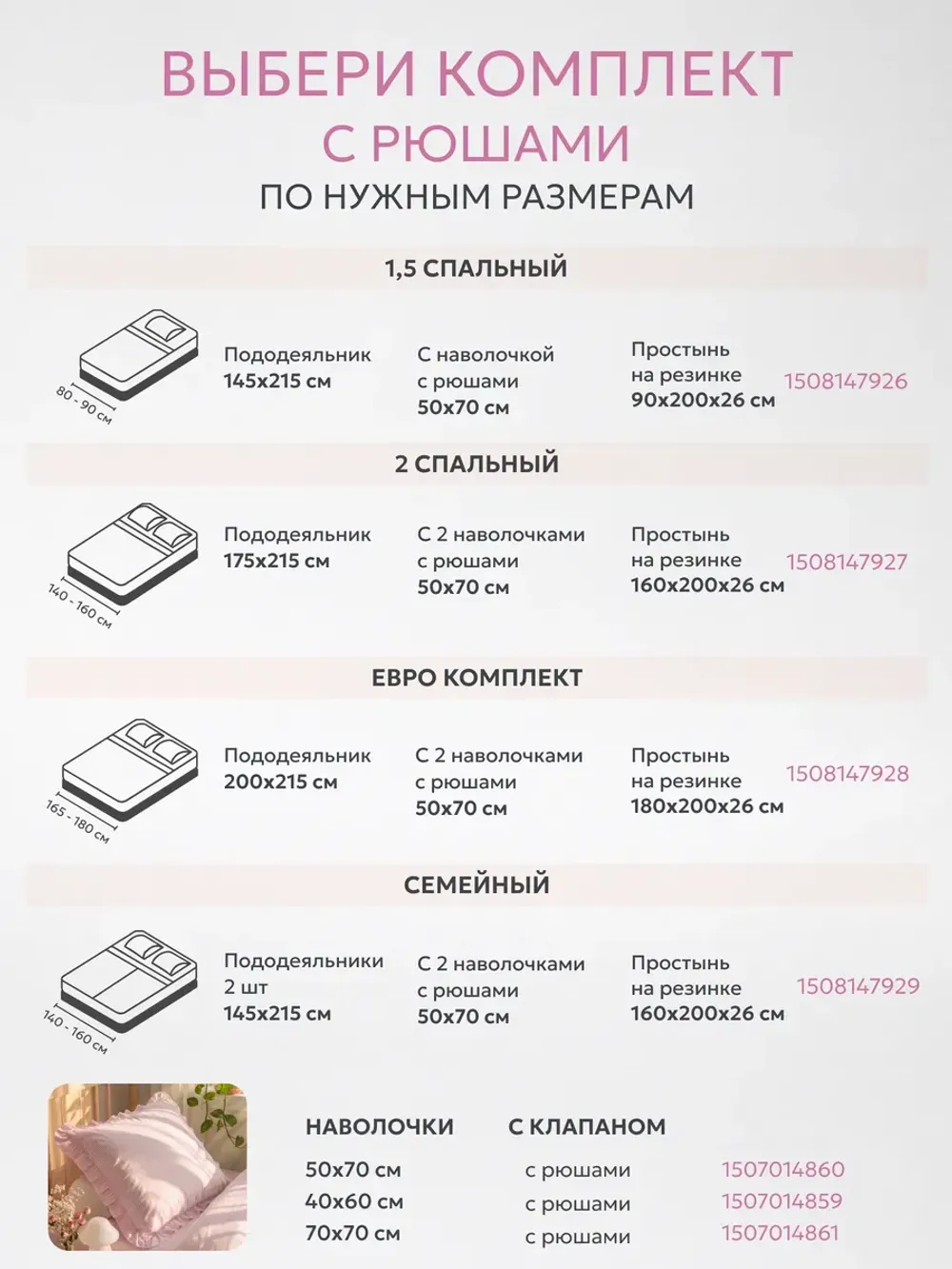 Наволочка с оборками, с рюшами 50х70 см перкаль Румянец