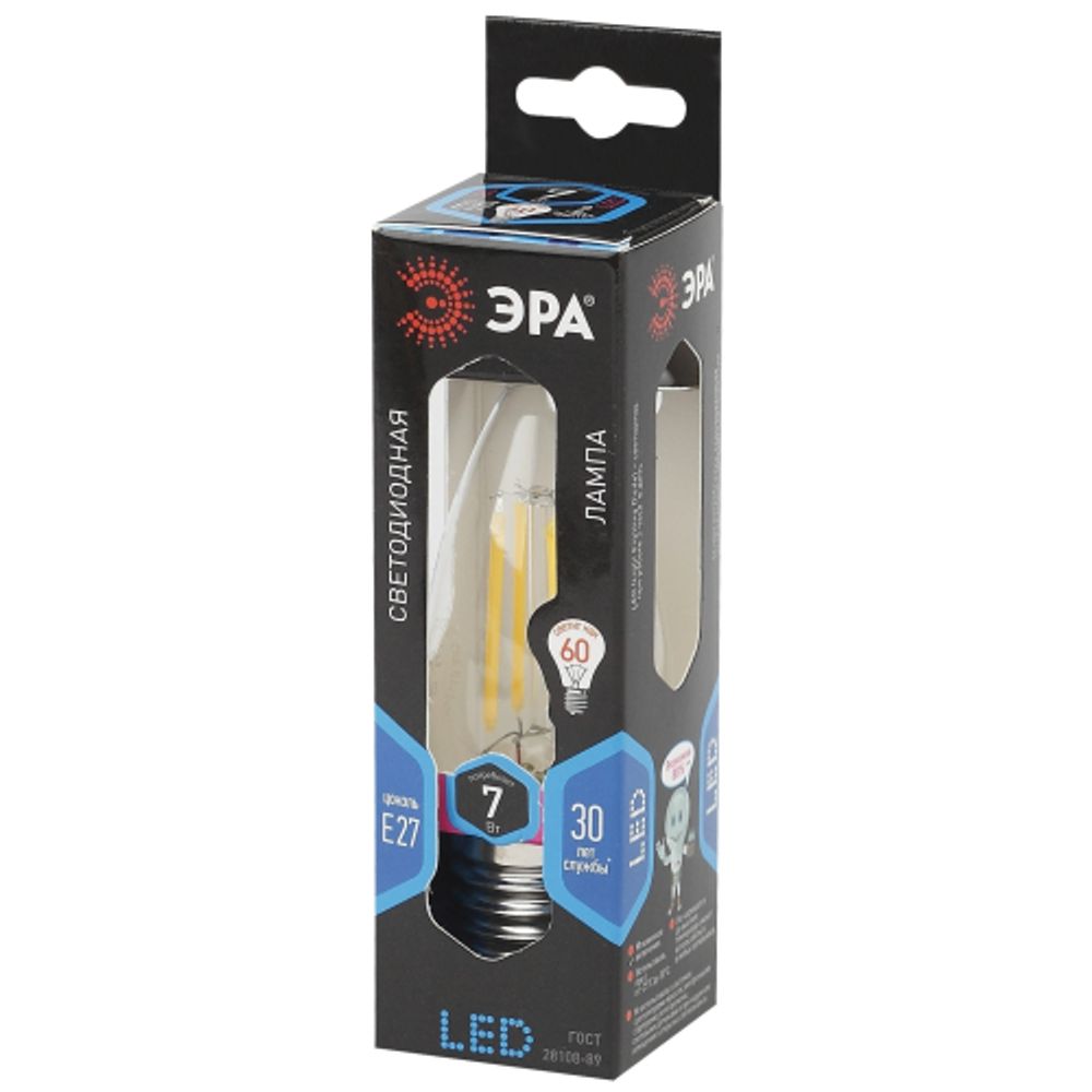 Лампа светодиодная ЭРА F-LED B35-7W-840-E27 7Вт филамент свеча нейтральный белый свет Е27 | Филаментные декоративные