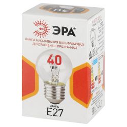Лампа накаливания ЭРА P-40-E27-230-CL 40Вт 230В шар прозрачный цветная коробка Е27 | Лампы накаливания Шар (G/P)