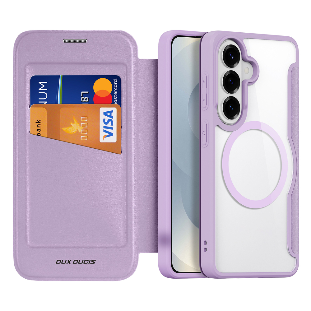 Чехол книжка фиолетового розового цвета с MagSafe для Samsung Galaxy S26, серия Skin X Pro Series от Dux Ducis