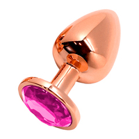 Золотистая анальная пробка 8см с розовым кристаллом Cnex Wooomy Tralalo Rose Gold Metal Plug Medium Magenta