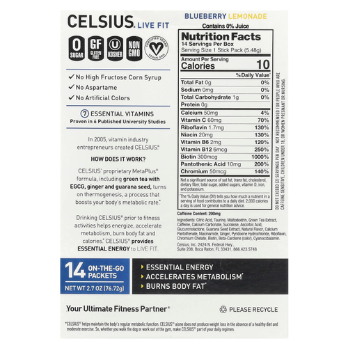 Celsius, Live Fit, черничный лимонад, 14 пакетиков, по 5,48 г (0,19 унции)