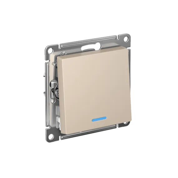 Переключатель проходной одноклавишный с подсветкой, схема Systeme Electric AtlasDesign Песочный, самозажимные клеммы ATN001263S