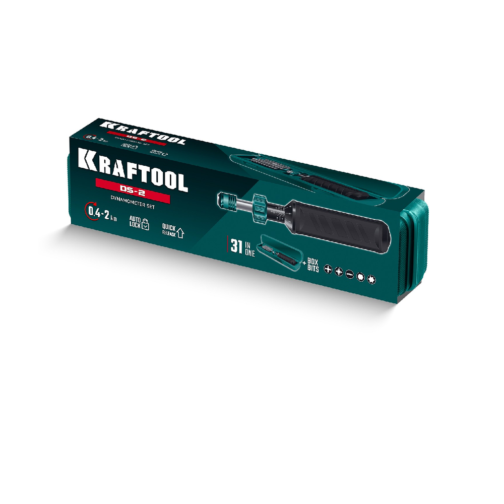 Набор 31 предмета Динамометрическая отвертка KRAFTOOL DS-2 0.4-2 Нм, Биты из хромомолибденовой стали S2. Для контролируемого затягивания крепежа с заранее заданным моментом, в кейсе 64034