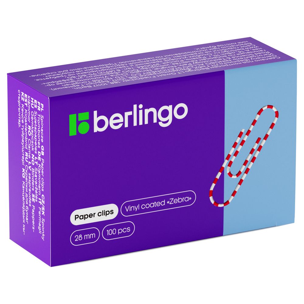 Скрепки канцелярские 28мм, 100шт, цветные Berlingo Зебра, картон. упак.