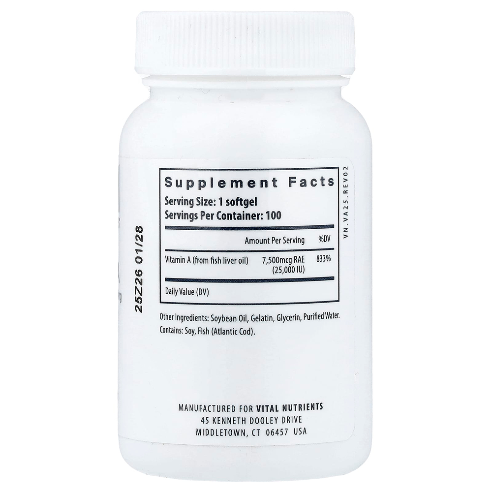 Vital Nutrients, витамин A, 7500 мкг, 100 капсул