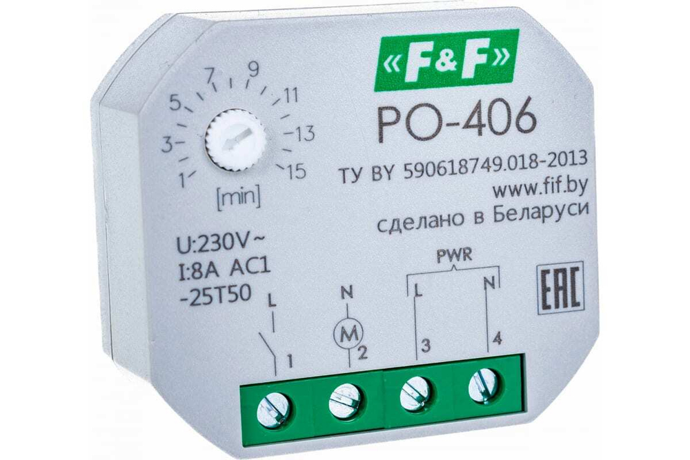 Реле времени PO-406 8А 230В 1НО IP20 задержка выключ./управ. контактом