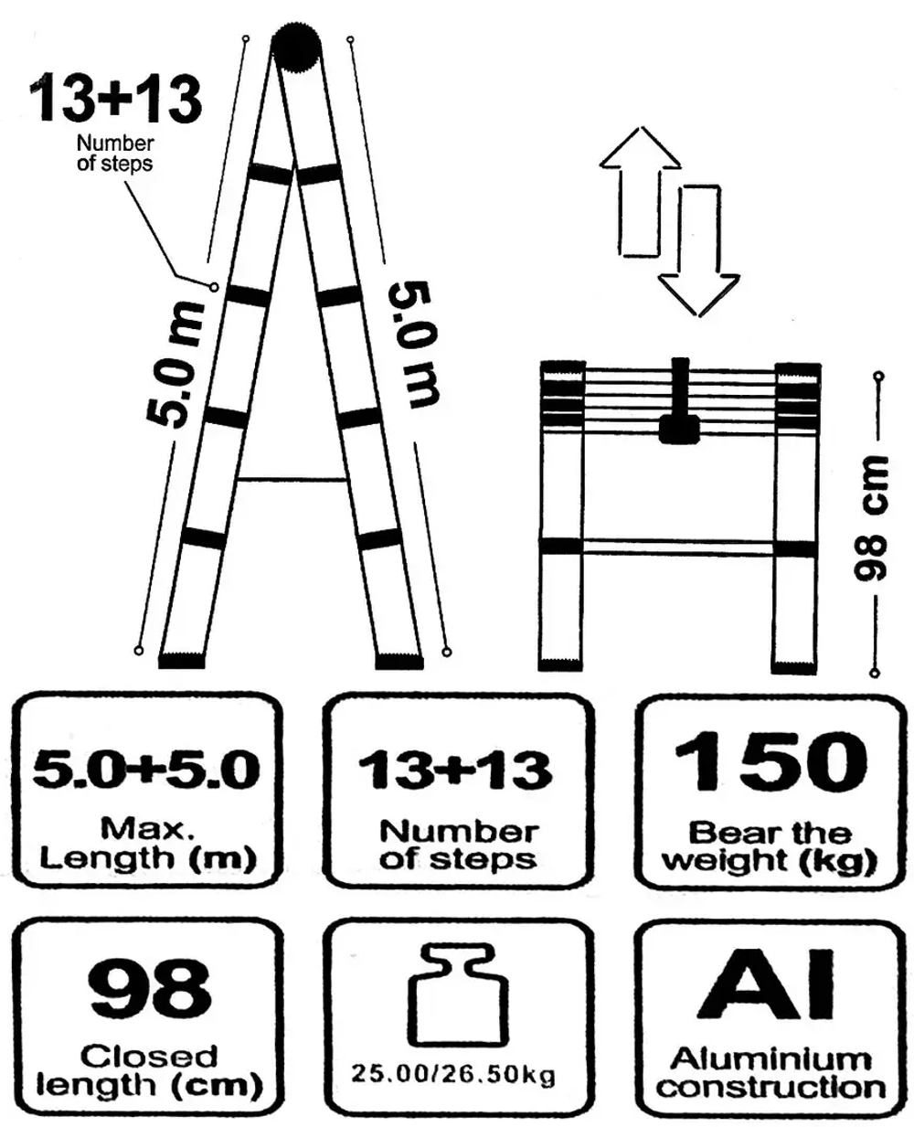 Стремянка телескопическая алюм. бытовая 5.0м (13+13 ступ.) Scheppach Sch-UP500-2
