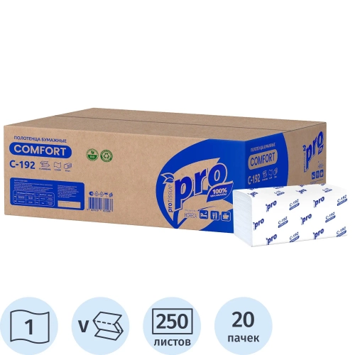 Полотенца бумажные д/дисп Protissue V-слож 1сл 250л/пач 20пач/кор_C192