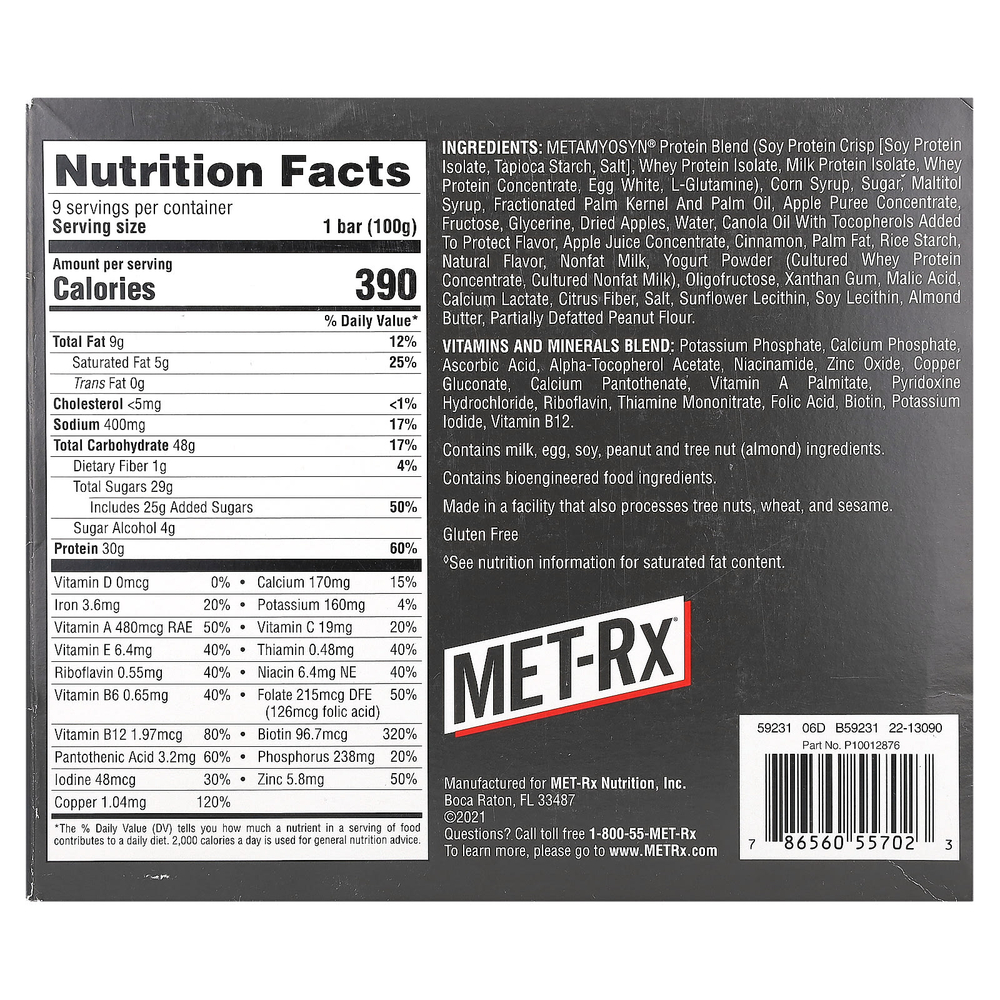 MET-Rx, Big 100, батончик для замены еды, хрустящий яблочный пирог, 9 батончиков, 100 г (3,52 унции)