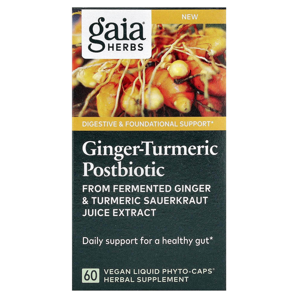 Gaia Herbs, постбиотик с имбирем и куркумой, 60 веганских капсул Liquid Phyto-Caps (0,6 г в 1 капсуле)