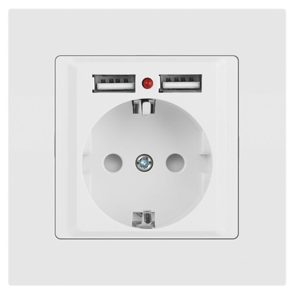 Розетка Intro Accent 6-410-01М с заземлением 2P+E Schuko со шторками 16А-250В + 2хUSB IP20 СУ белый матовый | Intro