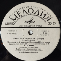 Винтажная виниловая пластинка LP Вячеслав Широков Классическая Гитара Ф. Таррега (СССР 1979)