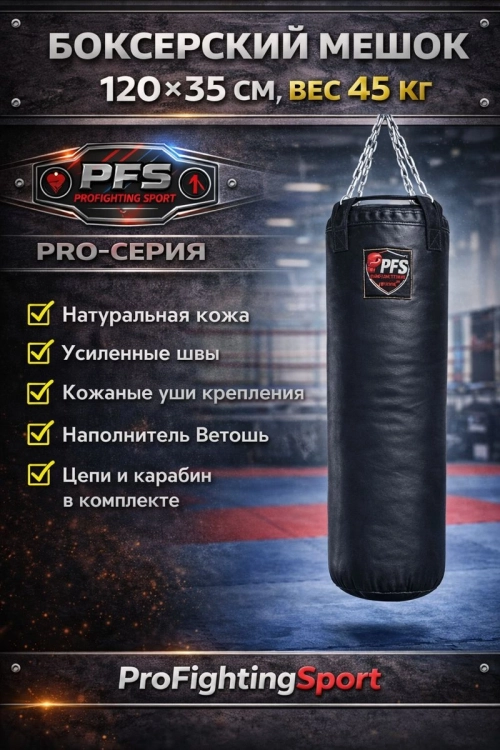 Боксерский мешок 120×35 см, 45 кг из натуральной кожи (PRO-серия) — ProFightingSport